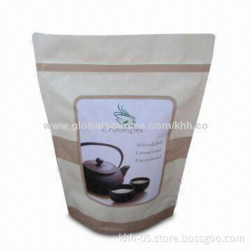 Stand-up Tea Pouch with Zipper and Tear Notch, Made of Water-resistant and Recyclable Material
